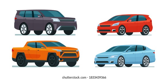 Set of modern cars. Includes hatchback, sedan, pickup and SUV. Vector flat illustration.