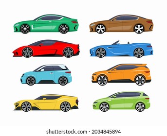 Set of modern cars. Side view of a sedan, coupe, crossover, roadster, convertible, supercar, SUV, compact city car, hatchback. Car icons for road traffic and transportation illustrations in flat style