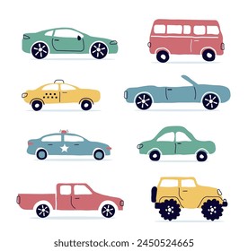 A set of modern cars: Taxi, police. Urban types of cars in a flat style. for the web, print, banner. vector art  illustration. Vector illustration, hand-drawn in doodle style