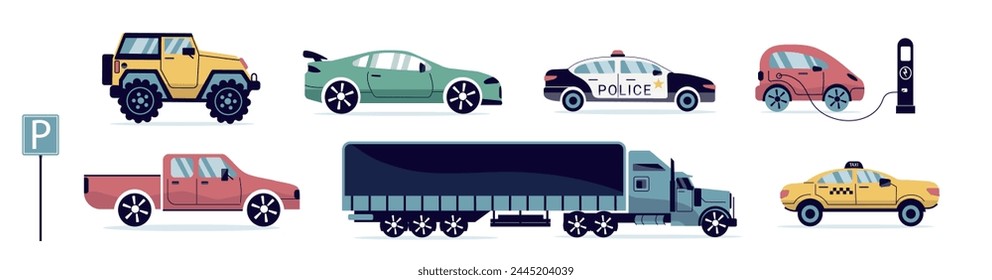 A set of modern cars. Taxi, policeman, convertible, pickup truck. A truck, an SUV, a subcompact. City cars in a flat style. for the Internet, print, banner, card. vector art illustration.