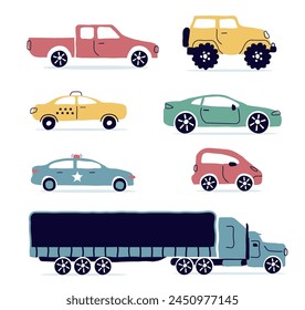 A set of modern cars. Taxi, policeman, convertible, pickup truck. A truck, an SUV, a subcompact. City cars in a flat style. for the Internet, print, banner, card. vector art illustration.