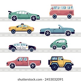 A set of modern cars. Taxi, policeman, convertible, pickup truck. A truck, an SUV, a subcompact. City cars in a flat style. for the Internet, print, banner, card. vector art illustration.