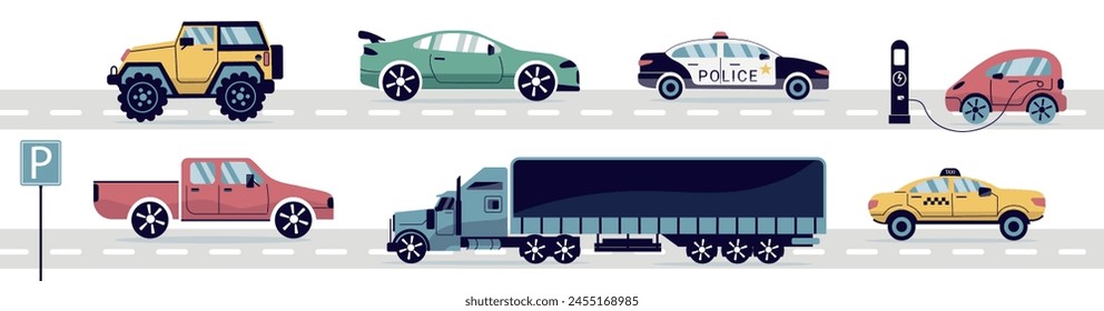 A set of modern cars. Taxi, policeman, convertible, pickup truck. A truck, an SUV, a subcompact. City cars in a flat style. for the Internet, print, banner, card. vector art illustration.