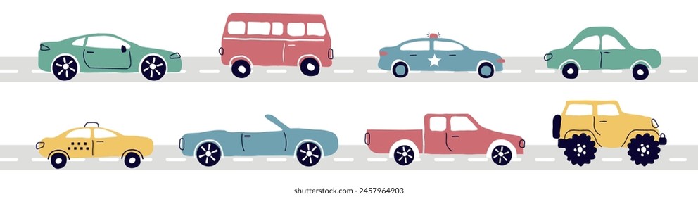 A set of modern cars. Taxi, policeman, convertible, pickup truck. A truck, an SUV, a subcompact. City cars in a flat style. for the Internet, print, banner, card. vector art illustration.