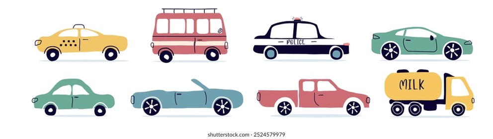 Um conjunto de carros modernos. Táxi, policial, conversível, caminhonete. Um caminhão, um SUV, um subcompacto. Carros da cidade em um estilo plano. para a Internet, impressão, banner, cartão. ilustração de arte vetorial.