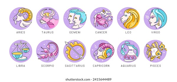 Set of modern cartoon astrology zodiac signs isolated on white background. Set of Zodiac icons. Vector illustration