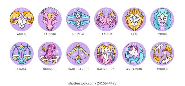 Set of modern cartoon astrology zodiac signs isolated on white background. Set of Zodiac icons. Vector illustration