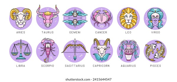 Set of modern cartoon astrology zodiac signs isolated on white background. Set of Zodiac icons. Vector illustration