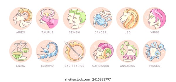 Conjunto de dibujos modernos astrología de dibujos animados signos zodiacos aislados sobre fondo blanco. Conjunto de iconos de Zodiac. Ilustración del vector