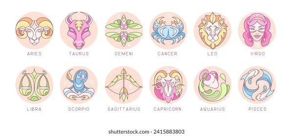 Conjunto de dibujos modernos astrología de dibujos animados signos zodiacos aislados sobre fondo blanco. Conjunto de iconos de Zodiac. Ilustración del vector