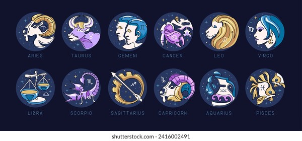 Set of modern cartoon astrology zodiac signs isolated on blue background. Set of Zodiac icons. Vector illustration