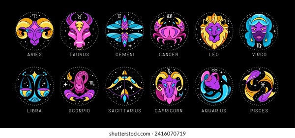 Set of modern cartoon astrology zodiac signs isolated on black background. Set of fluorescent Zodiac icons. Vector illustration