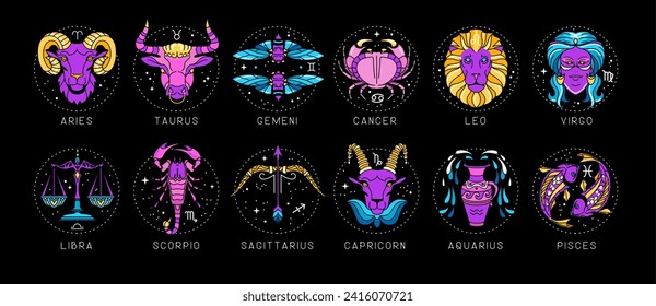 Set of modern cartoon astrology zodiac signs isolated on black background. Set of fluorescent Zodiac icons. Vector illustration