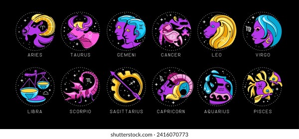 Set of modern cartoon astrology zodiac signs isolated on black background. Set of fluorescent Zodiac icons. Vector illustration