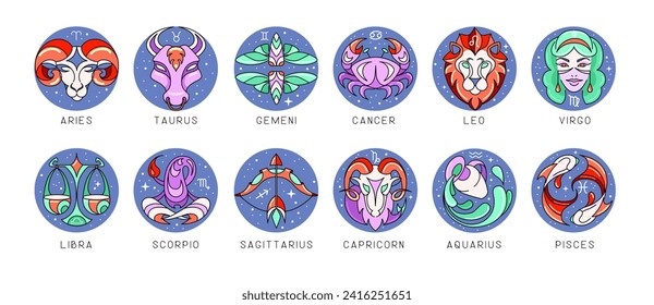 Set of modern cartoon astrology zodiac signs isolated on white background. Set of Zodiac icons. Vector illustration