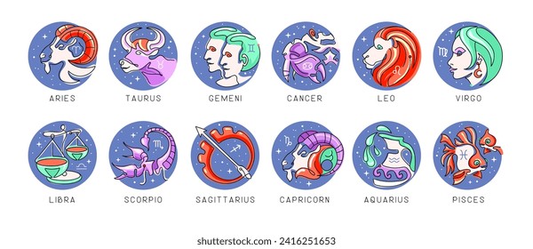 Set of modern cartoon astrology zodiac signs isolated on white background. Set of Zodiac icons. Vector illustration