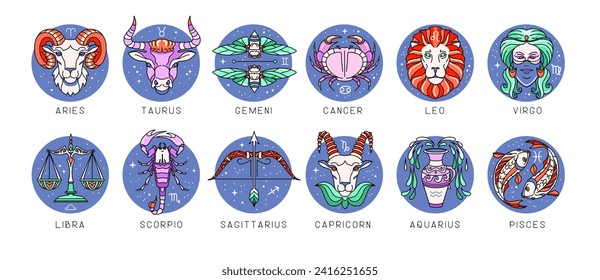 Conjunto de dibujos modernos astrología de dibujos animados signos zodiacos aislados sobre fondo blanco. Conjunto de iconos de Zodiac. Ilustración del vector