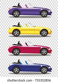 Set of modern cartoon colored cabriolet cars isolated on transparent background. Sports cars. Blue, yellow, red and violet cars. Vector illustration. Clip art. 