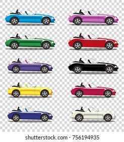 Set of modern cartoon colored cabriolet cars isolated on transparent background. Sports cars. Vector illustration. Clip art. 