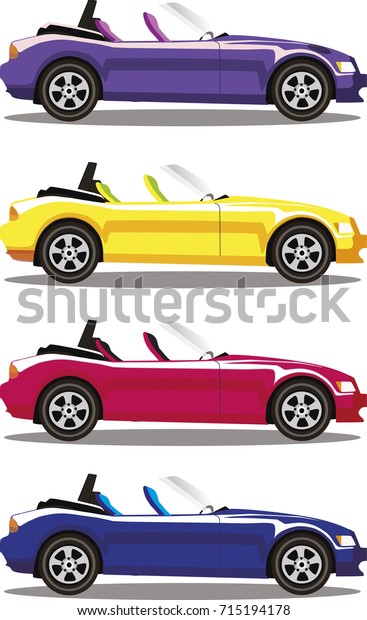 Set of modern cartoon\
colored cabriolet cars isolated on white background. Sports cars.\
Blue, yellow, red and violet cars. Flat vector illustration. Clip\
art. 