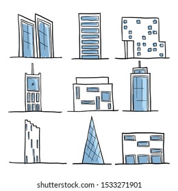 Set of Modern Cartoon Hand Drawing Building for icon, logo