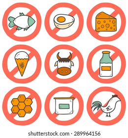 Set of modern cartoon hand drawn icons with products containing animal protein and prohibited for vegans: milk, cheese, egg, yogurt, fish, ice cream, red meat, honey, poultry meat. 