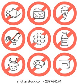 Set of modern cartoon outline hand drawn icons with products containing animal protein and prohibited for vegans: milk, cheese, egg, yogurt, fish, ice cream, red meat, honey, poultry meat. Vegan