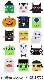 A set modern cartoon style cute characters for Halloween: vampire, witch, monster, zombie, mummy, bat, cat, pirate, devil, frankenstein, ghost, mask, owl, pumpkin, skull, spider.
