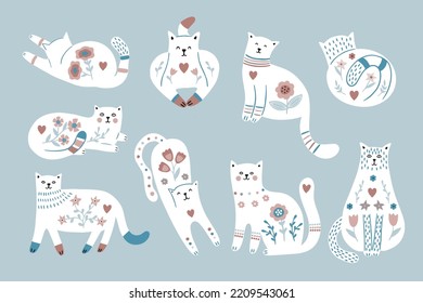 Set of modern cats and floral. Vector illustration with domestic pets. It can be used for sticker, logo, decoration, print.