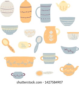 Set of modern ceramic kitchen utensils or crockery - cups, dishes, bowls, pitchers. Set of decorative tableware items isolated on white background. Vector illustration in flat cartoon style