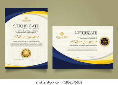 Set modern certificate template with futuristic and elegant color wave shape on the ornament and modern pattern background.  size A4. vector illustrations