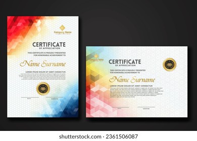 Set modern certificate template with gradation colorful polygon shape ornament on background texture. vector illustration