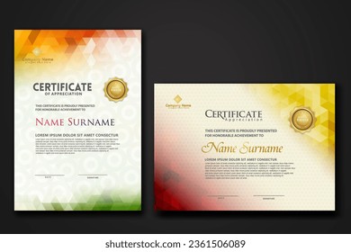 Set modern certificate template with gradation colorful polygon shape ornament on background texture. vector illustration