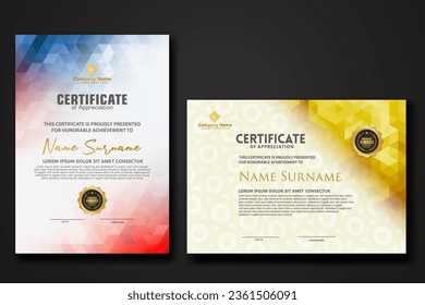 Set modern certificate template with gradation colorful polygon shape ornament on background texture. vector illustration