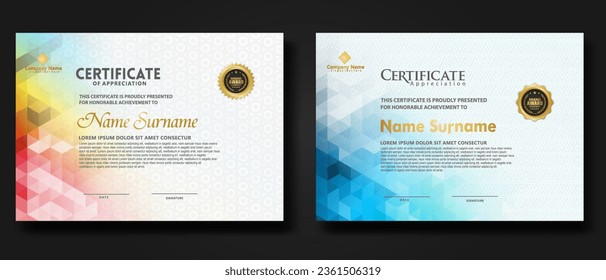 Establezca una plantilla de certificado moderna con un adorno de forma de polígono colorido de gradación en la textura de fondo. ilustración vectorial