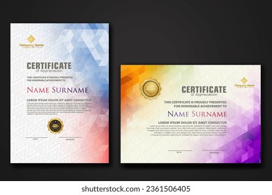 Set modern certificate template with gradation colorful polygon shape ornament on background texture. vector illustration