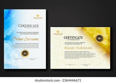 Set modern certificate template with gradation colorful polygon shape ornament on background texture. vector illustration