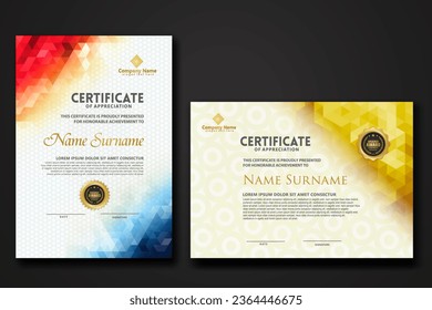 Set modern certificate template with gradation colorful polygon shape ornament on background texture. vector illustration
