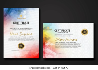 Set modern certificate template with gradation colorful polygon shape ornament on background texture. vector illustration