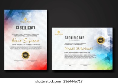 Establezca una plantilla de certificado moderna con un adorno de forma de polígono colorido de gradación en la textura de fondo. ilustración vectorial