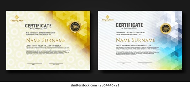 Set modern certificate template with gradation colorful polygon shape ornament on background texture. vector illustration