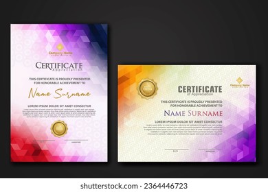 Set modern certificate template with gradation colorful polygon shape ornament on background texture. vector illustration