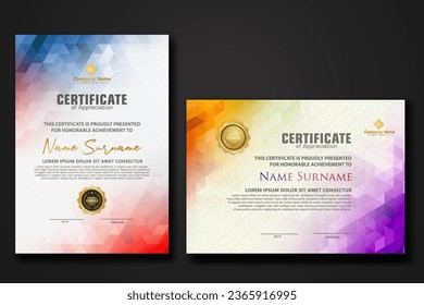 Set modern certificate template with gradation colorful polygon shape ornament on background texture. vector illustration