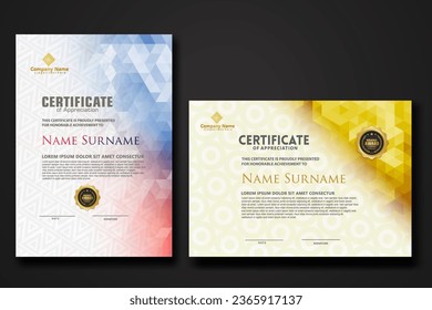 Set modern certificate template with gradation colorful polygon shape ornament on background texture. vector illustration