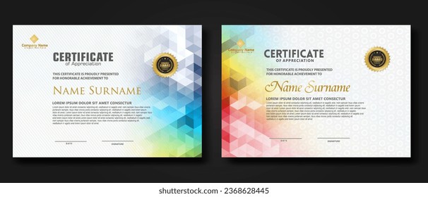 Set modern certificate template with gradation colorful polygon shape ornament on background texture. vector illustration