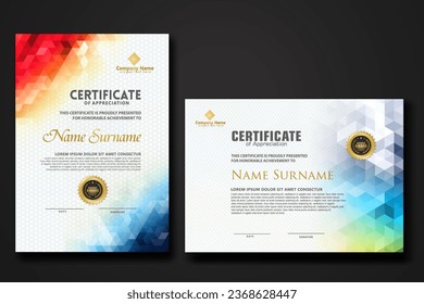 Set modern certificate template with gradation colorful polygon shape ornament on background texture. vector illustration