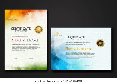 Set modern certificate template with gradation colorful polygon shape ornament on background texture. vector illustration