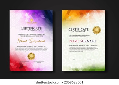 Set modern certificate template with gradation colorful polygon shape ornament on background texture. vector illustration