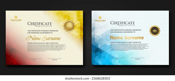 Set modern certificate template with gradation colorful polygon shape ornament on background texture. vector illustration