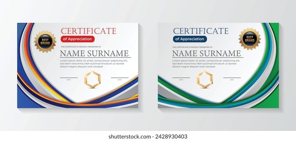 Plantilla de certificado moderno en colores de gradación y oro, estilo lujoso y moderno e imagen vectorial de estilo de premio. Adecuado para el aprecio. Vector Premium.